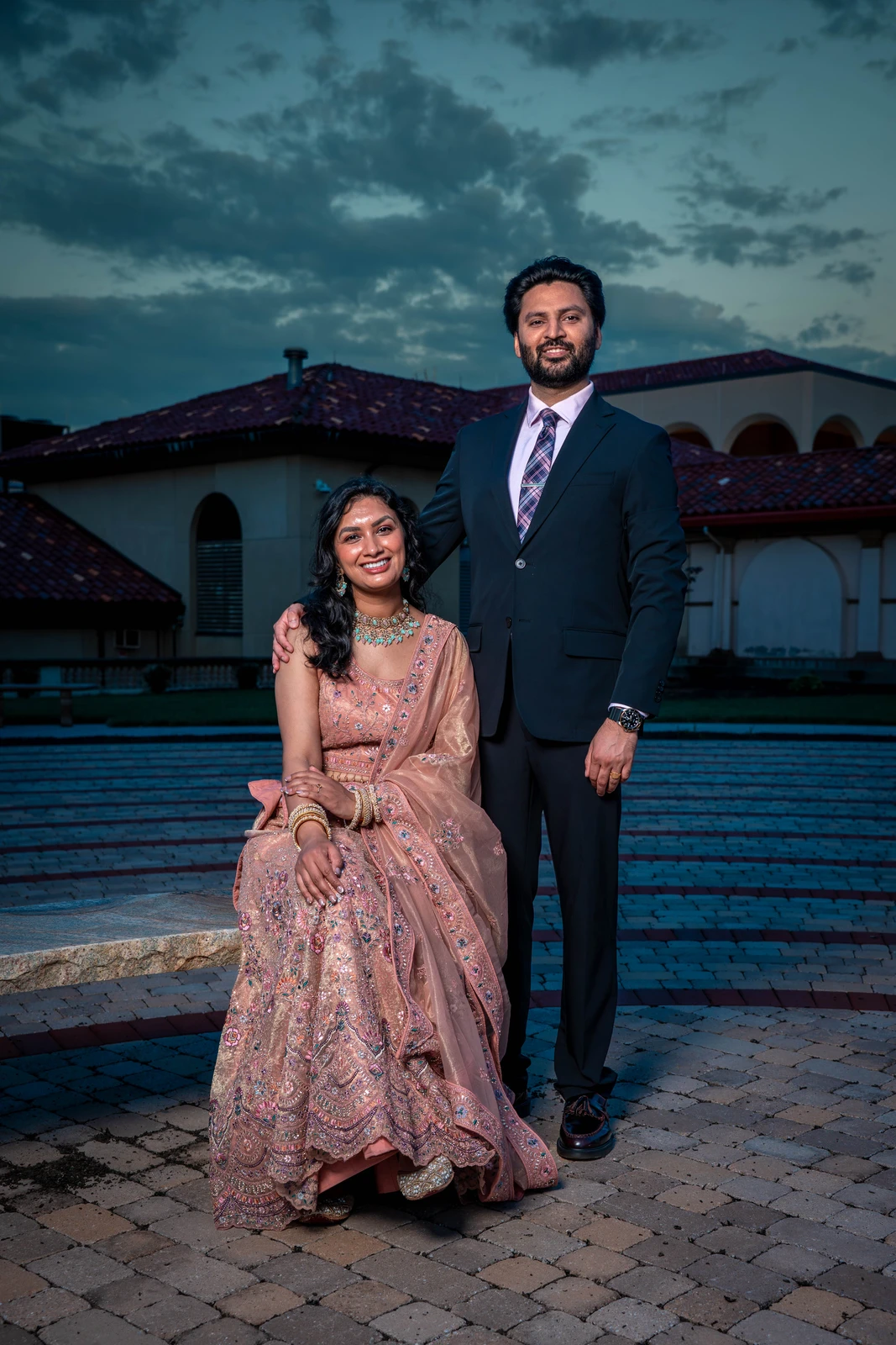 Indian wedding couple during evening portrait session in Kansas City